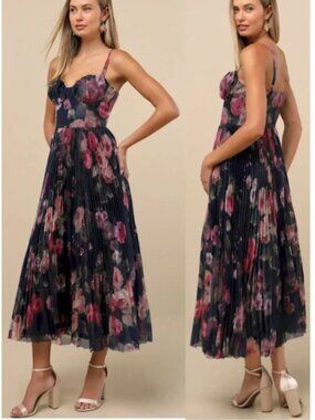 Lulu's Navy Floral Pleated Midi Dress